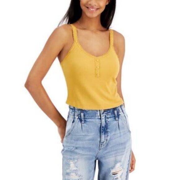Hippie Rose Tops - Hippie Rose Juniors' Ribbed Henley Tank Top - Golden Ore | Size L, New